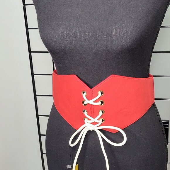 Women's LCF Steampunk Red and White Lace-up Elastic Waistband Corset Belt - Picture 14 of 17